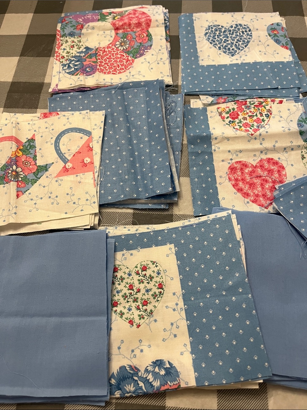 Cottage core cotton Blue Floral Heart Quilt Blocks - Fabric Set
